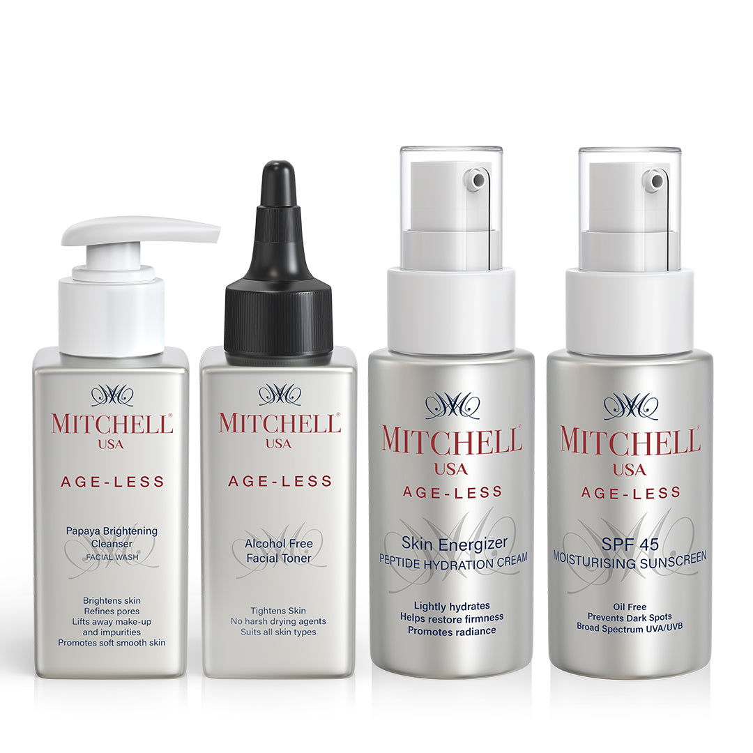 Age-less -Brightening Cleanser-Toner-Hydration Serum-SPF 45 Sunscreen