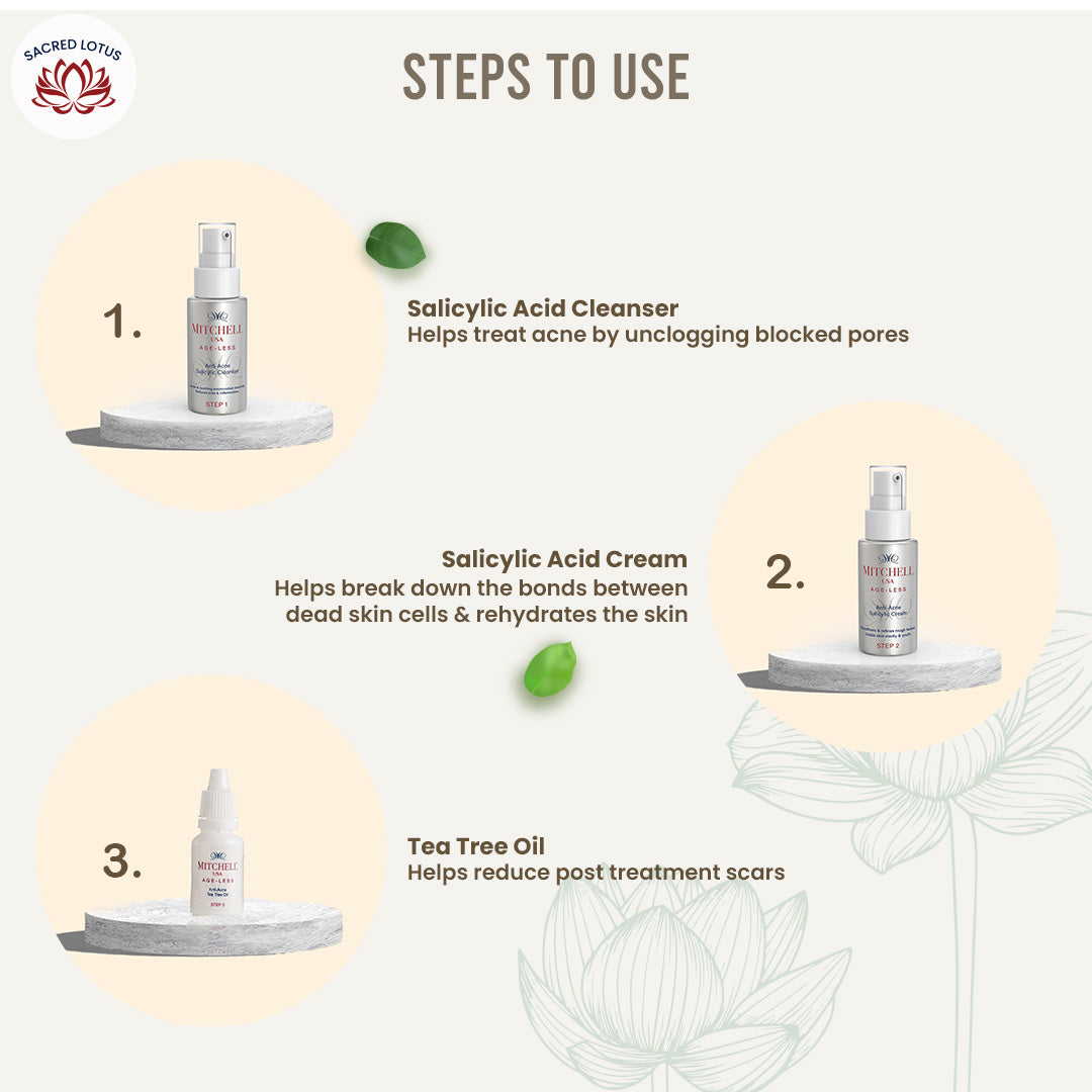  Pore cleanser, anti-acne hydrating cream, and Tea Tree Oil for scar repair.