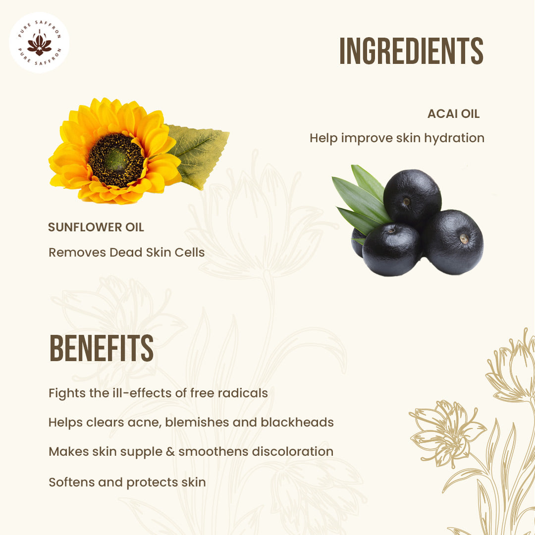 Clear Balance Revitalizing Body Oil ingredients – saffron extract, olive oil, macadamia oil, and vitamins