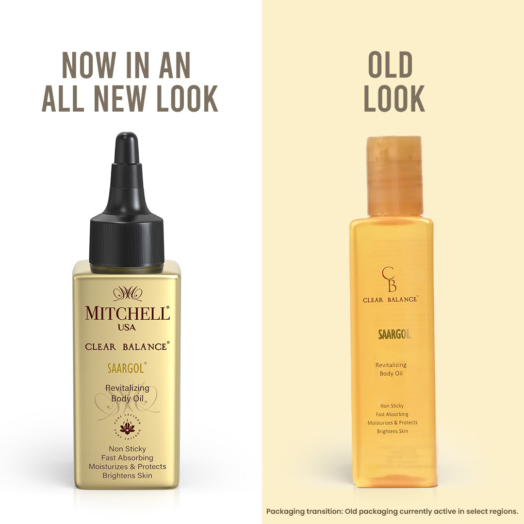 Old vs New Look of Clear Balance Revitalizing Body Oil