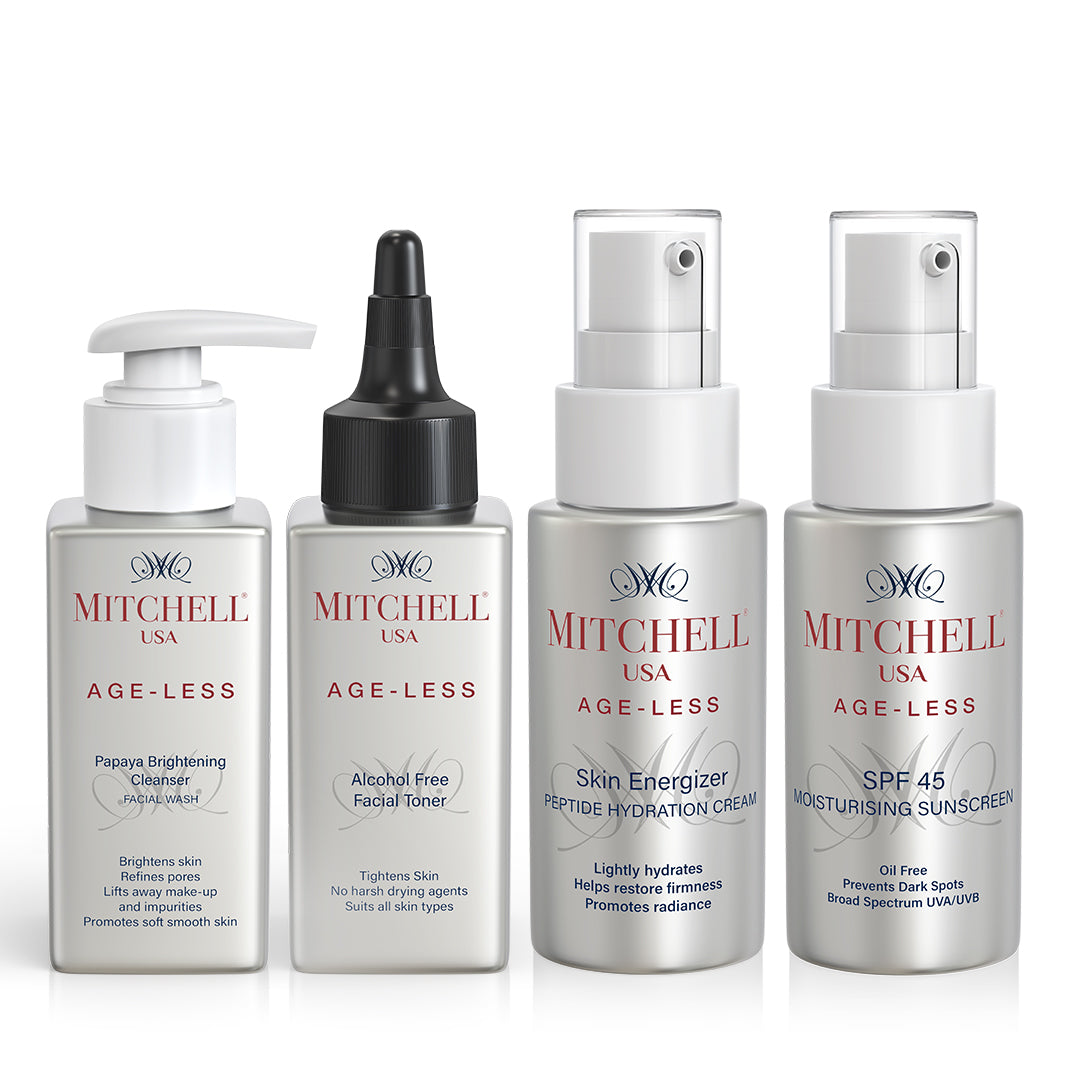 Mitchell USA Age-Less Cleanse + Tone + Hydrate + Protect | Premium Essentials Gift Set for All Skin Types (Combo Pack of 4 100ml, 100ml, 30g and 50ml)